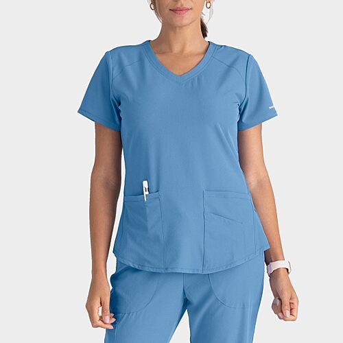 Skechers Sk101 Breeze 3-Pocket Curved Womens V Neck Short Sleeve Tag Free Stretch Fabric Moisture Wicking Scrub Top, X-large, Blue