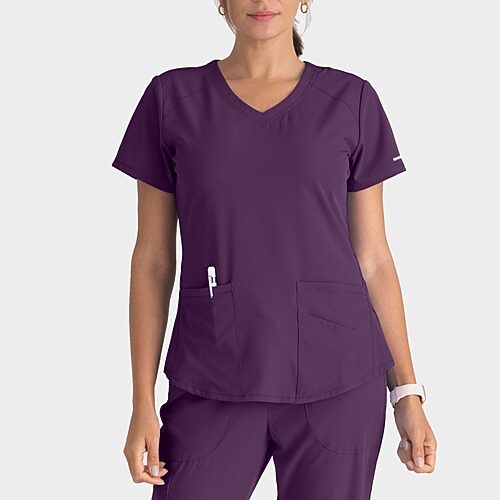 Skechers Sk101 Breeze 3-Pocket Curved Womens V Neck Short Sleeve Tag Free Stretch Fabric Moisture Wicking Scrub Top, X-large, Purple