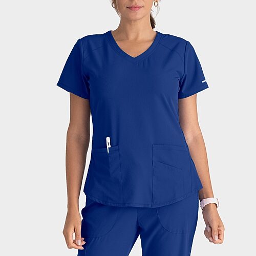 Skechers Sk101 Breeze 3-Pocket Curved Womens V Neck Short Sleeve Tag Free Stretch Fabric Moisture Wicking Scrub Top, X-large, Blue