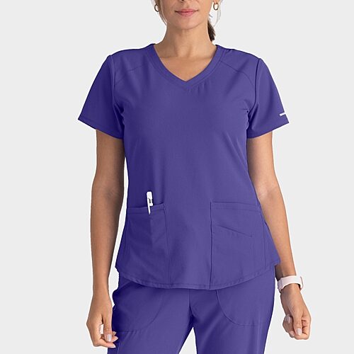 Skechers Sk101 Breeze 3-Pocket Curved Womens V Neck Short Sleeve Tag Free Stretch Fabric Moisture Wicking Scrub Top, X-large, Purple