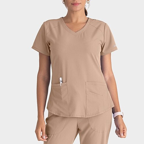 Skechers Sk101 Breeze 3-Pocket Curved Womens V Neck Short Sleeve Tag Free Stretch Fabric Moisture Wicking Scrub Top, Xx-small, Brown