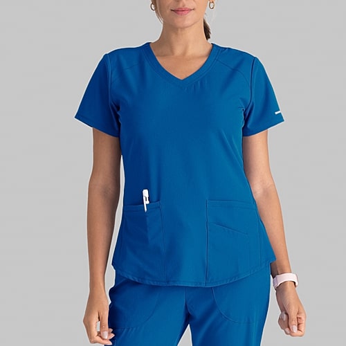 Skechers Sk101 Breeze 3-Pocket Curved Womens V Neck Short Sleeve Tag Free Stretch Fabric Moisture Wicking Scrub Top, X-large, Blue