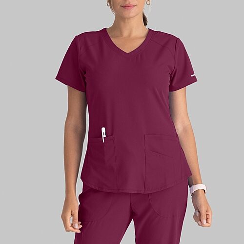Skechers Sk101 Breeze 3-Pocket Curved Womens V Neck Short Sleeve Tag Free Stretch Fabric Moisture Wicking Scrub Top, X-large, Red