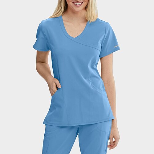 Skechers Sk102 Reliance 3-Pocket Crossover Womens V Neck Short Sleeve Tag Free Stretch Fabric Moisture Wicking Scrub Top, X-large, Blue