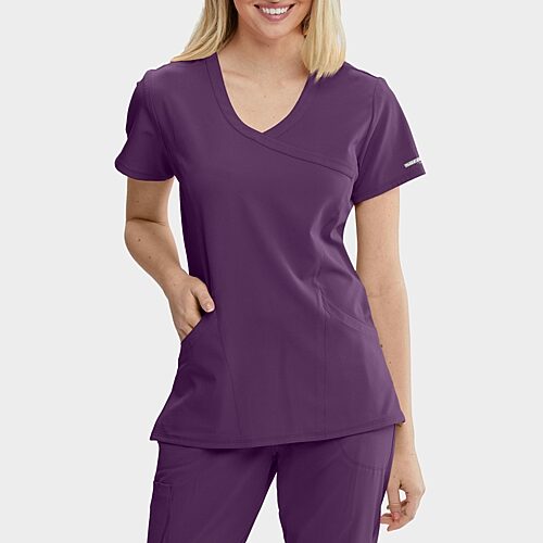 Skechers Sk102 Reliance 3-Pocket Crossover Womens V Neck Short Sleeve Tag Free Stretch Fabric Moisture Wicking Scrub Top, X-large, Purple