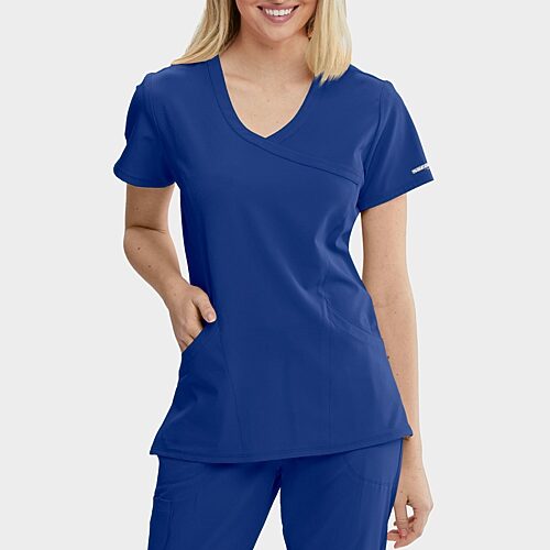 Skechers Sk102 Reliance 3-Pocket Crossover Womens V Neck Short Sleeve Tag Free Stretch Fabric Moisture Wicking Scrub Top, X-small, Blue