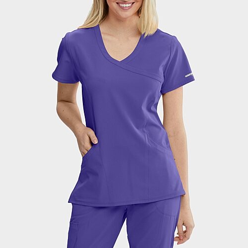 Skechers Sk102 Reliance 3-Pocket Crossover Womens V Neck Short Sleeve Tag Free Stretch Fabric Moisture Wicking Scrub Top, X-large, Purple