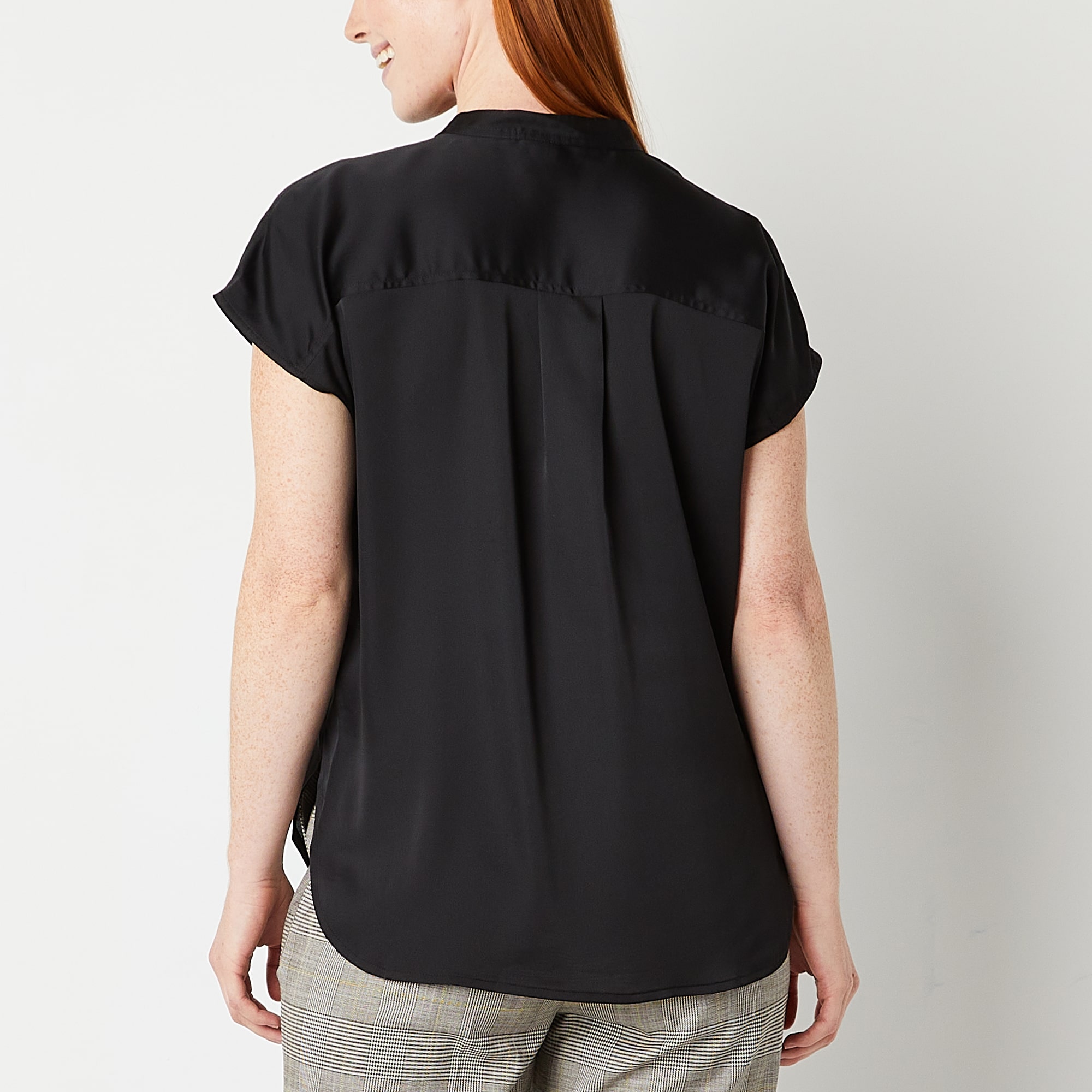 Worthington Womens Henley Neck Short Sleeve Satin Blouse