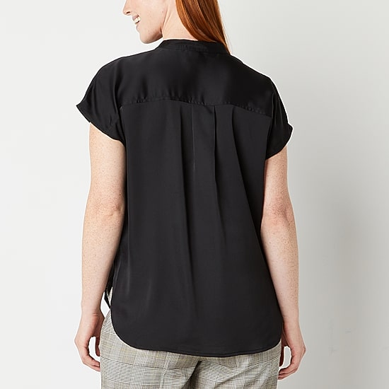 Worthington Womens Henley Neck Short Sleeve Satin Blouse
