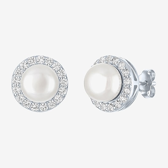 White Cultured Freshwater Pearl Sterling Silver 10mm Round Stud Earrings