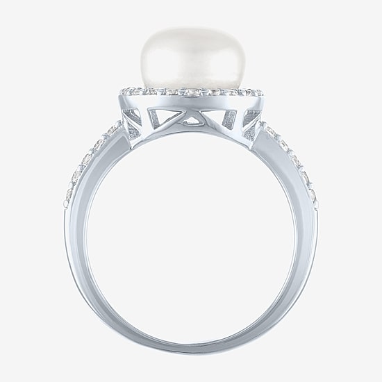Womens 9MM White Cultured Freshwater Pearl Sterling Silver Round Halo Side Stone Cocktail Ring