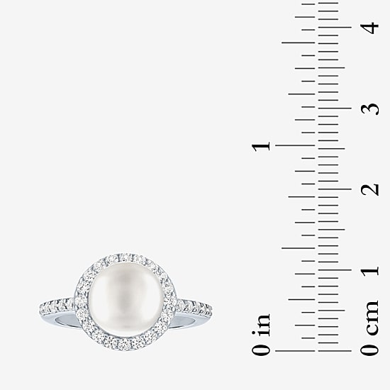 Womens 9MM White Cultured Freshwater Pearl Sterling Silver Round Halo Side Stone Cocktail Ring