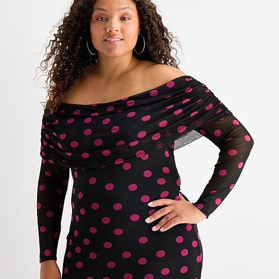 Premier Amour Womens Plus Off The Shoulder Long Sleeve Polka Dot Maxi Dress