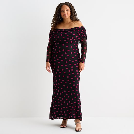 Premier Amour Womens Plus Off The Shoulder Long Sleeve Polka Dot Maxi Dress
