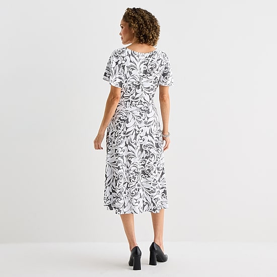 Perceptions Womens Midi Round Neck Short Sleeve Flutter Abstract Fit + Flare Dress