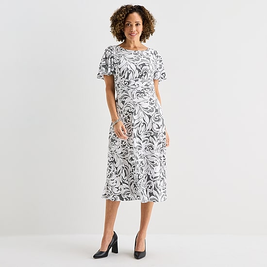 Perceptions Womens Midi Round Neck Short Sleeve Flutter Abstract Fit + Flare Dress