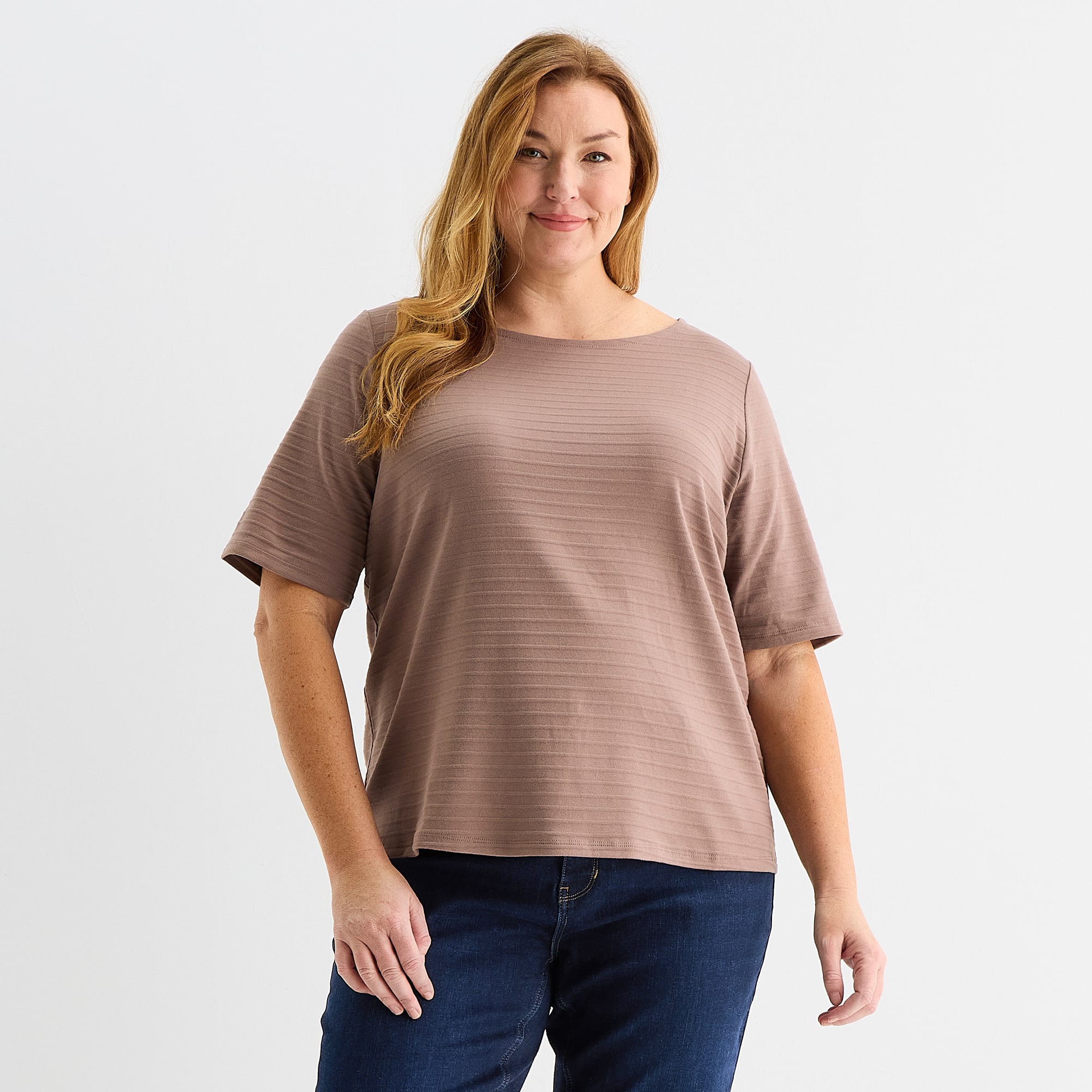 Liz Claiborne Womens Plus Boat Neck Elbow Sleeve Blouse