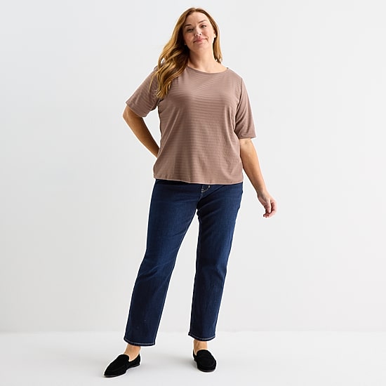 Liz Claiborne Womens Plus Boat Neck Elbow Sleeve Blouse