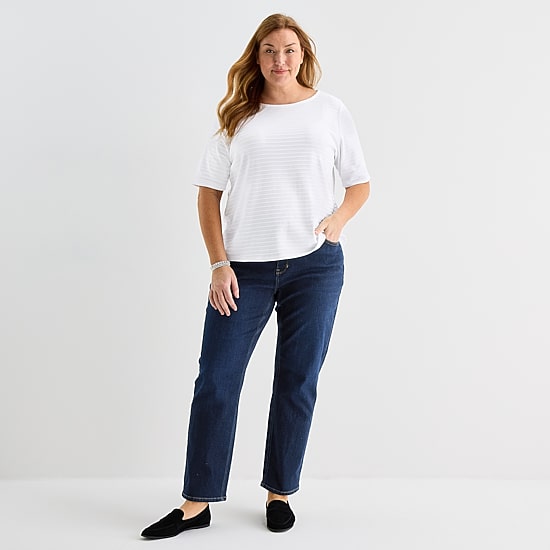 Liz Claiborne Womens Plus Boat Neck Elbow Sleeve Blouse