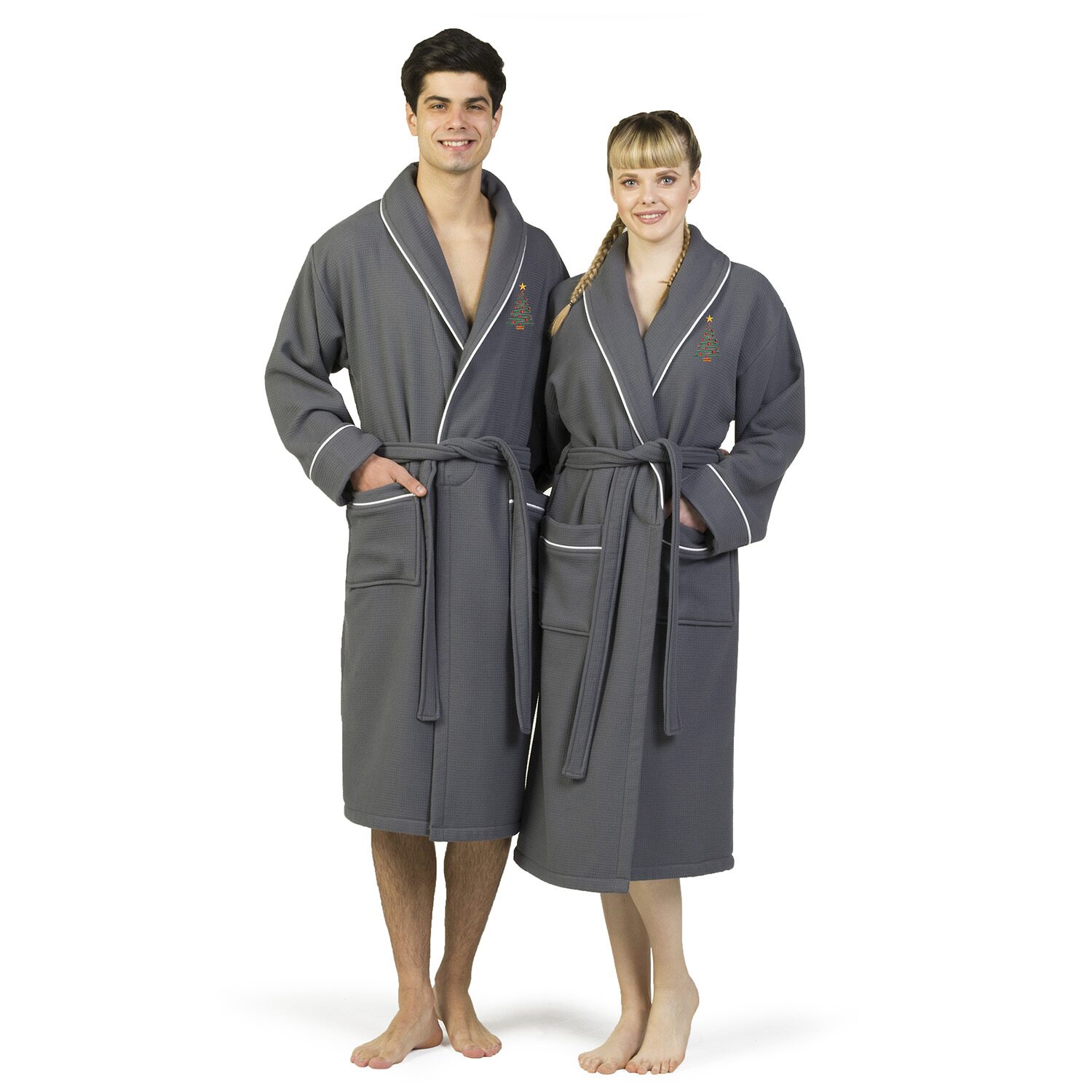 Linum Home Textiles Embroidered Christmas Tree Waffle Terry Bathrobe Unisex Adult Long Sleeve Length Robe
