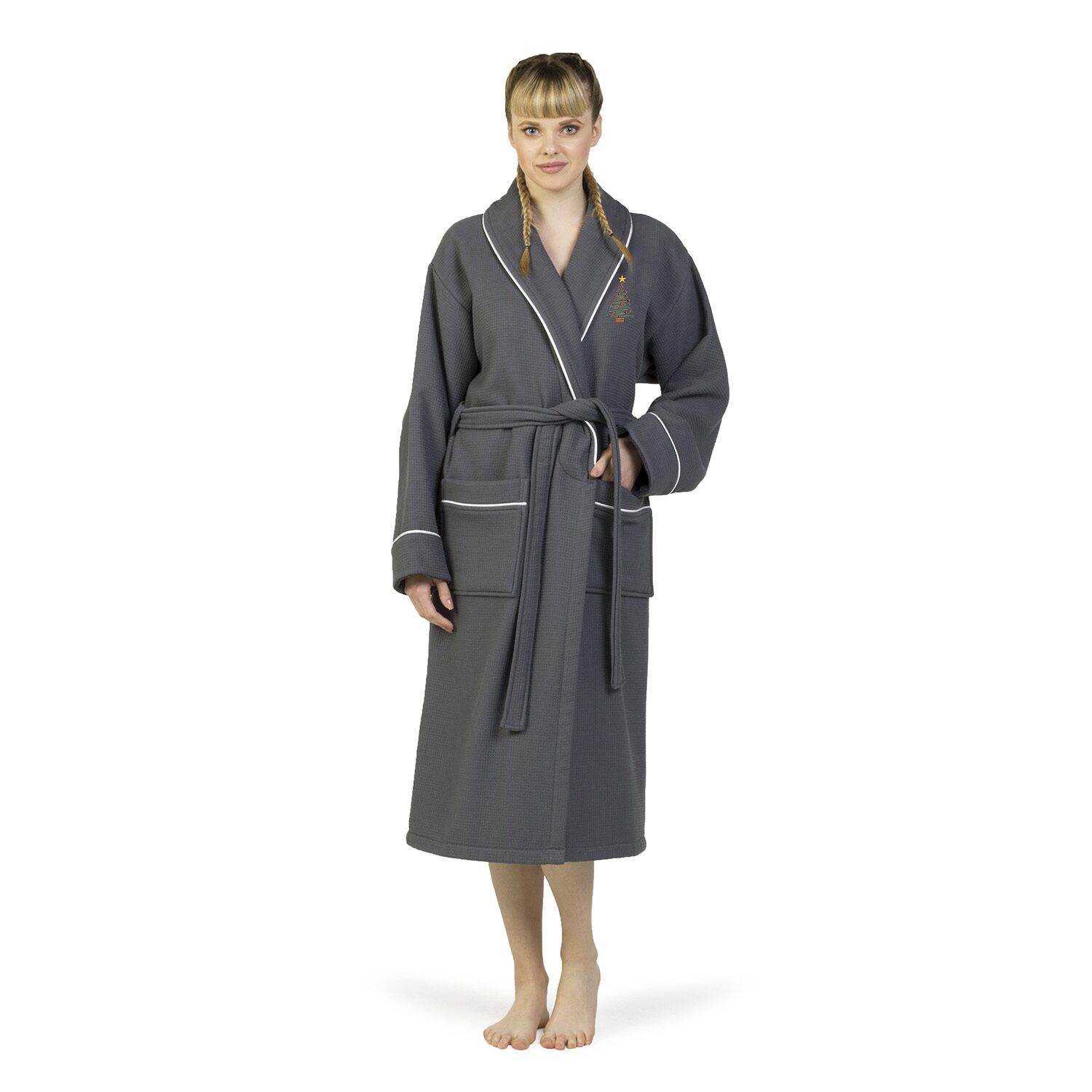Linum Home Textiles Embroidered Christmas Tree Waffle Terry Bathrobe Unisex Adult Long Sleeve Length Robe