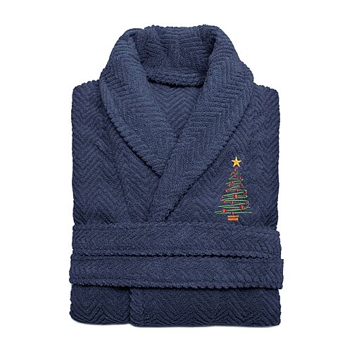 Linum Home Textiles Embroidered Christmas Tree Herringbone Bathrobe Unisex Adult Long Length Long Sleeve Robe, Large-x-large, Blue