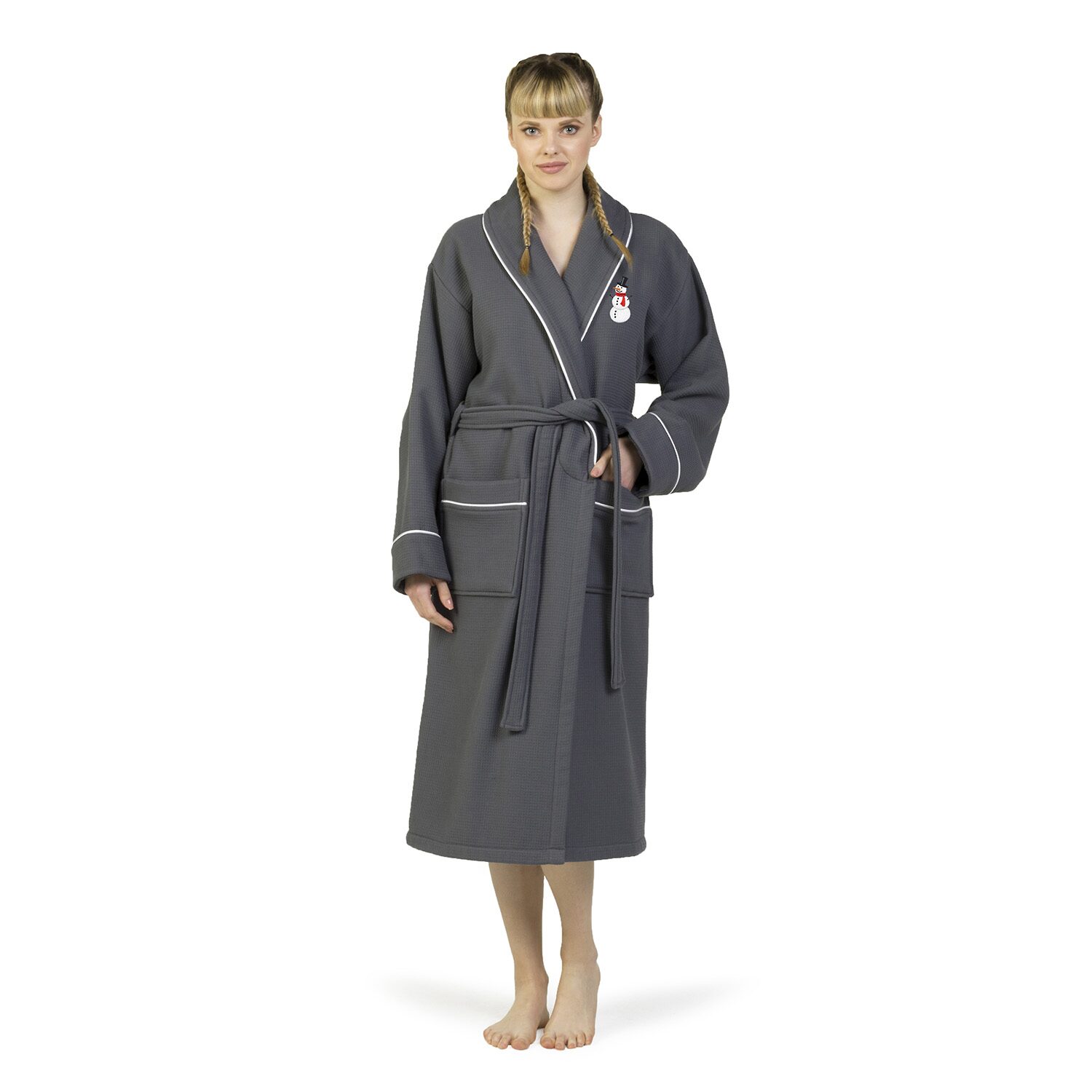 Linum Home Textiles Embroidered Snowman Waffle Terry Bathrobe Unisex Adult Long Sleeve Length Robe