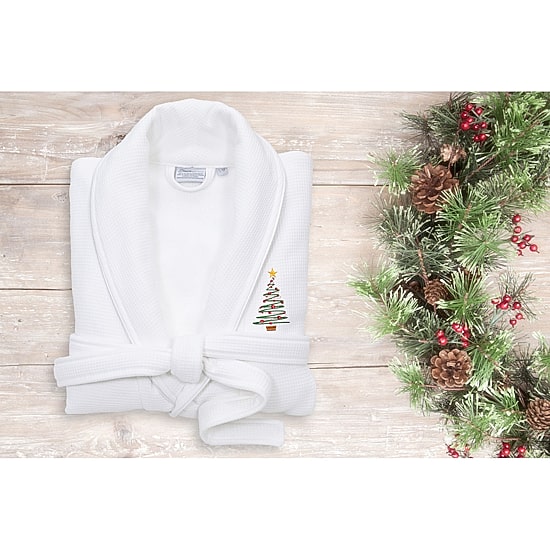 Linum Home Textiles Embroidered Christmas Tree Waffle Terry Bathrobe Unisex Adult Long Length Long Sleeve Robe