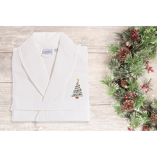 Linum Home Textiles Embroidered Christmas Tree Waffle Weave Bathrobe Unisex Adult Long Length Long Sleeve Robe