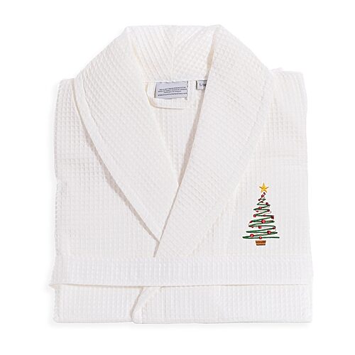 Linum Home Textiles Embroidered Christmas Tree Waffle Weave Bathrobe Unisex Adult Long Length Long Sleeve Robe, Large-x-large, White
