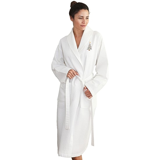 Linum Home Textiles Embroidered Christmas Tree Waffle Weave Bathrobe Unisex Adult Long Length Long Sleeve Robe