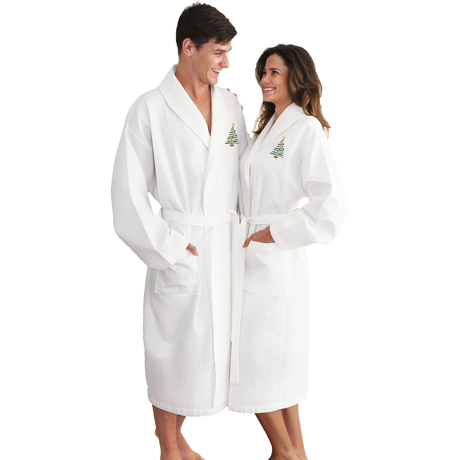 Linum Home Textiles Embroidered Christmas Tree Waffle Weave Bathrobe Unisex Adult Long Sleeve Length Robe