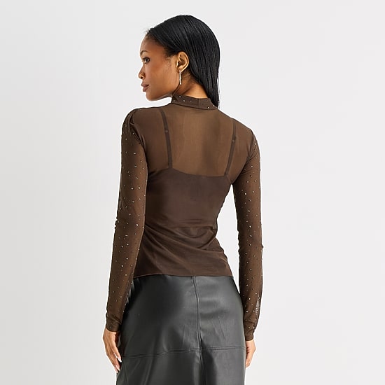 Worthington Womens Mock Neck Long Sleeve Blouse