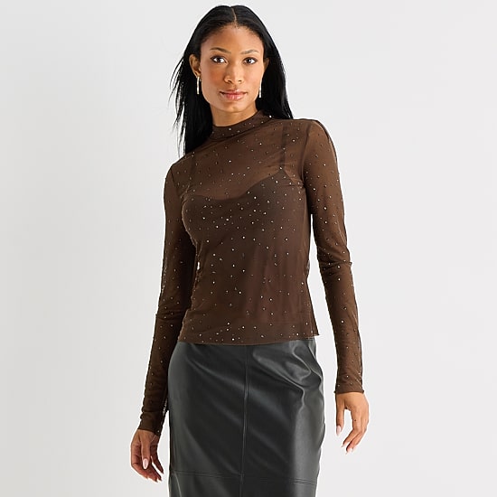 Worthington Womens Mock Neck Long Sleeve Blouse