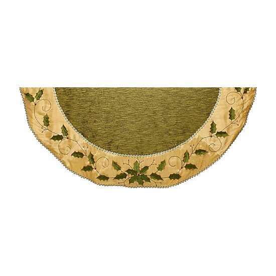 Kurt Adler 54" Green and Gold With Holly Leaves Embroidered Tree Skirt