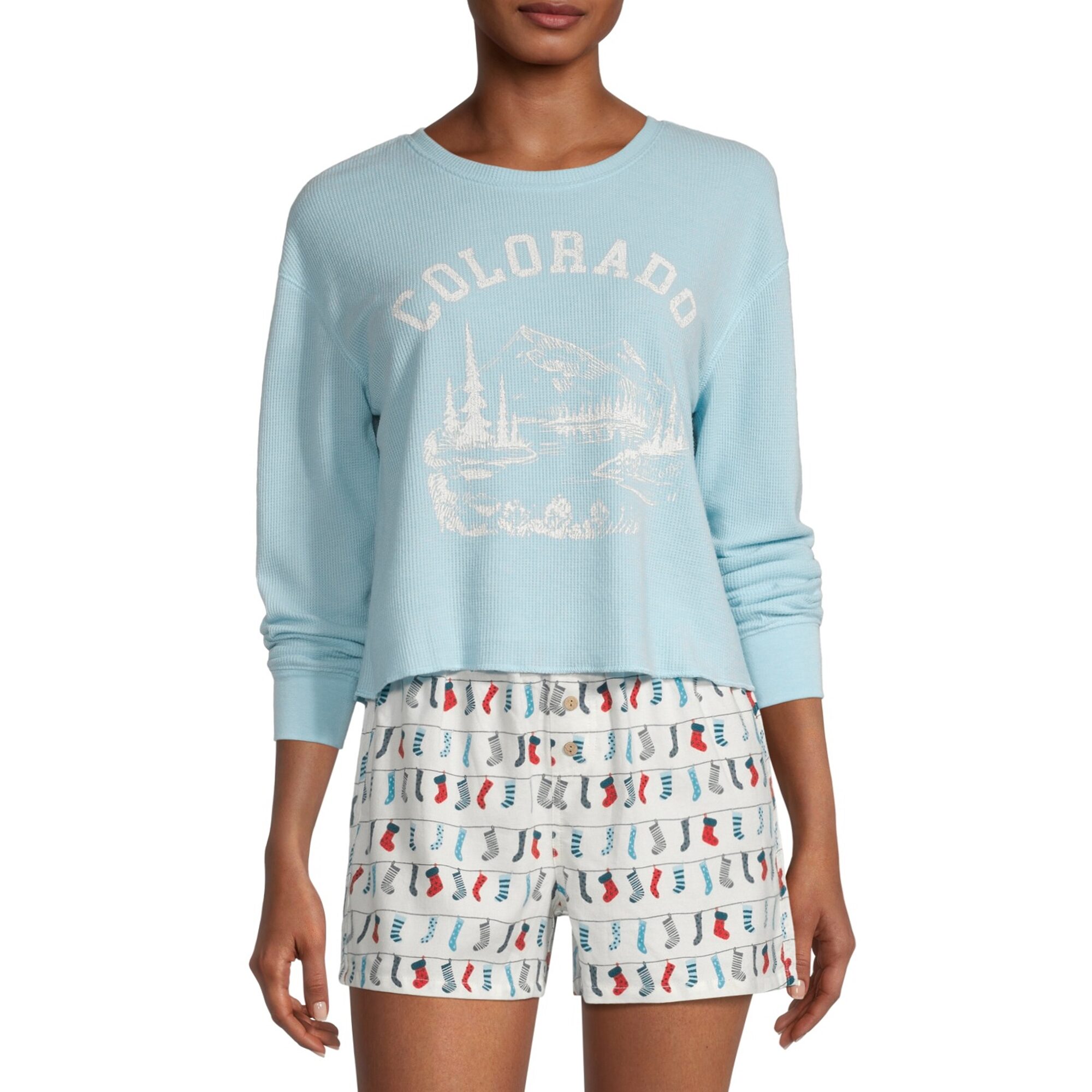 Arizona Body Womens Waffle Round Neck Long Sleeve Juniors Pajama Top