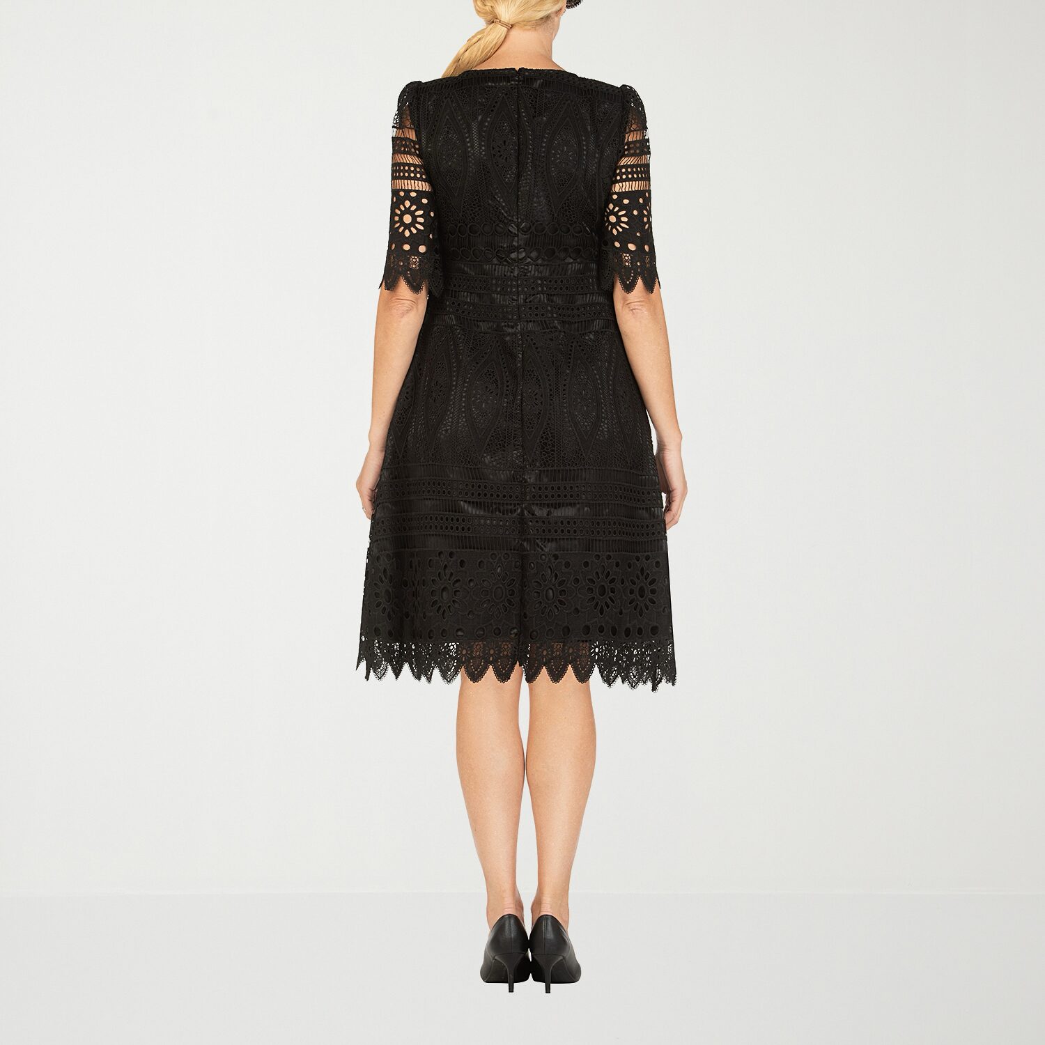 Giovanna Signature Womens Midi Boat Neck Short Sleeve Lace Eyelet Fit + Flare Dress