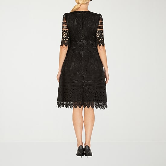 Giovanna Signature Womens Midi Boat Neck Short Sleeve Lace Eyelet Fit + Flare Dress