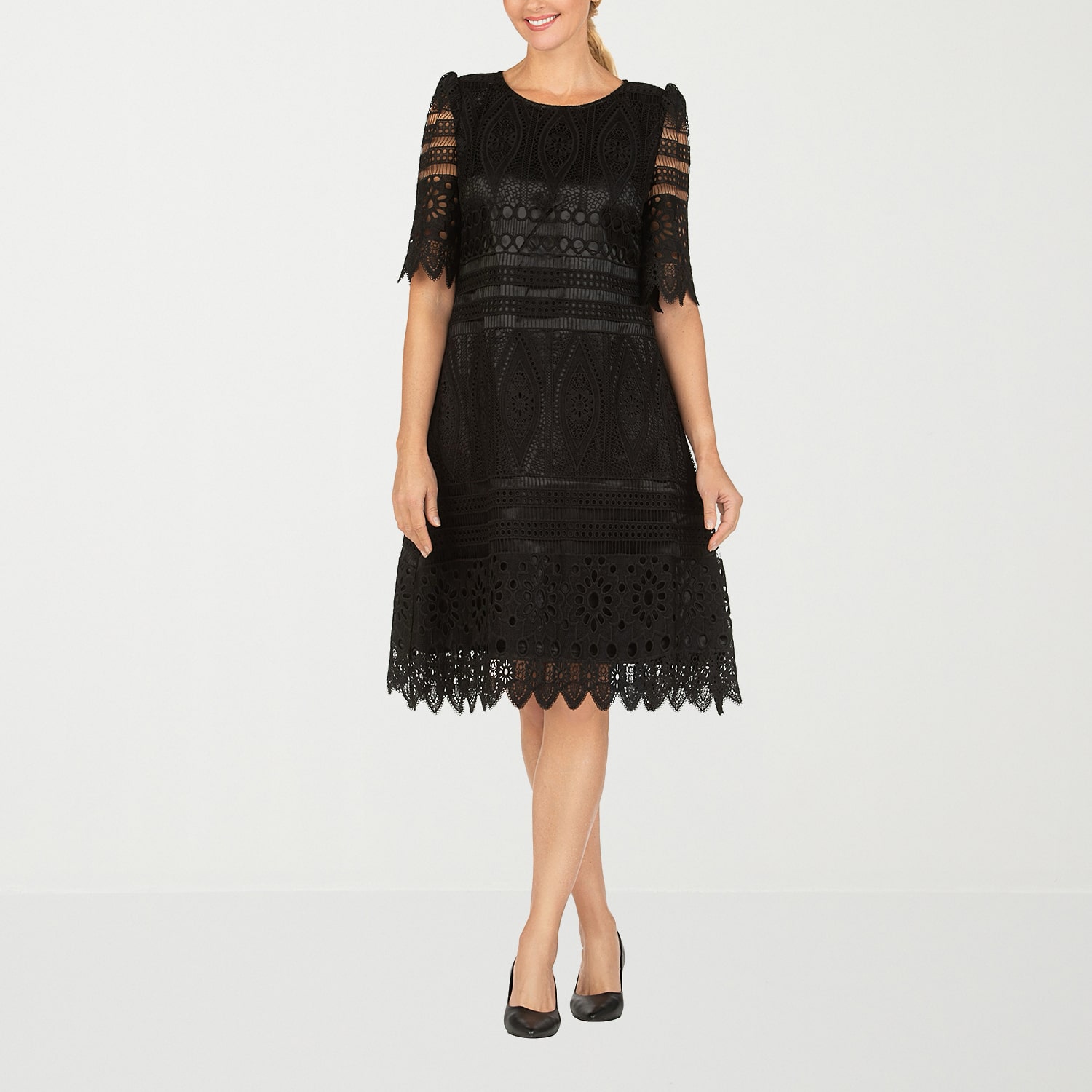 Giovanna Signature Womens Midi Boat Neck Short Sleeve Lace Eyelet Fit + Flare Dress