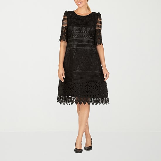 Giovanna Signature Womens Midi Boat Neck Short Sleeve Lace Eyelet Fit + Flare Dress
