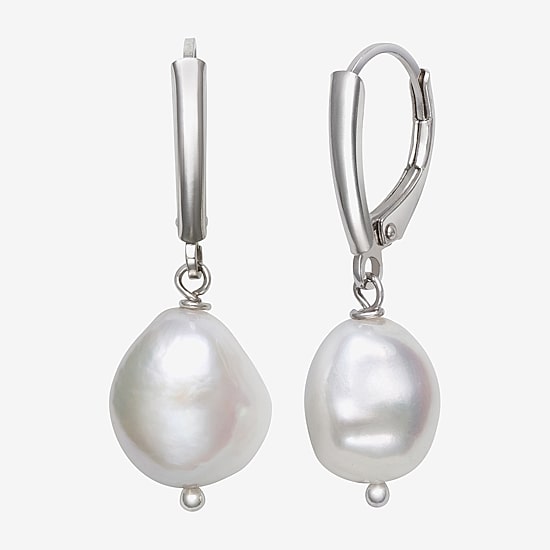 Womens Genuine White Cultured Freshwater Pearl Sterling Silver Drop Earrings