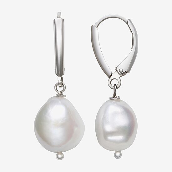 Womens Genuine White Cultured Freshwater Pearl Sterling Silver Drop Earrings