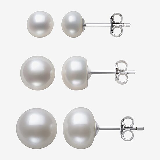 Womens Genuine White Cultured Freshwater Pearl Sterling Silver Earring Set