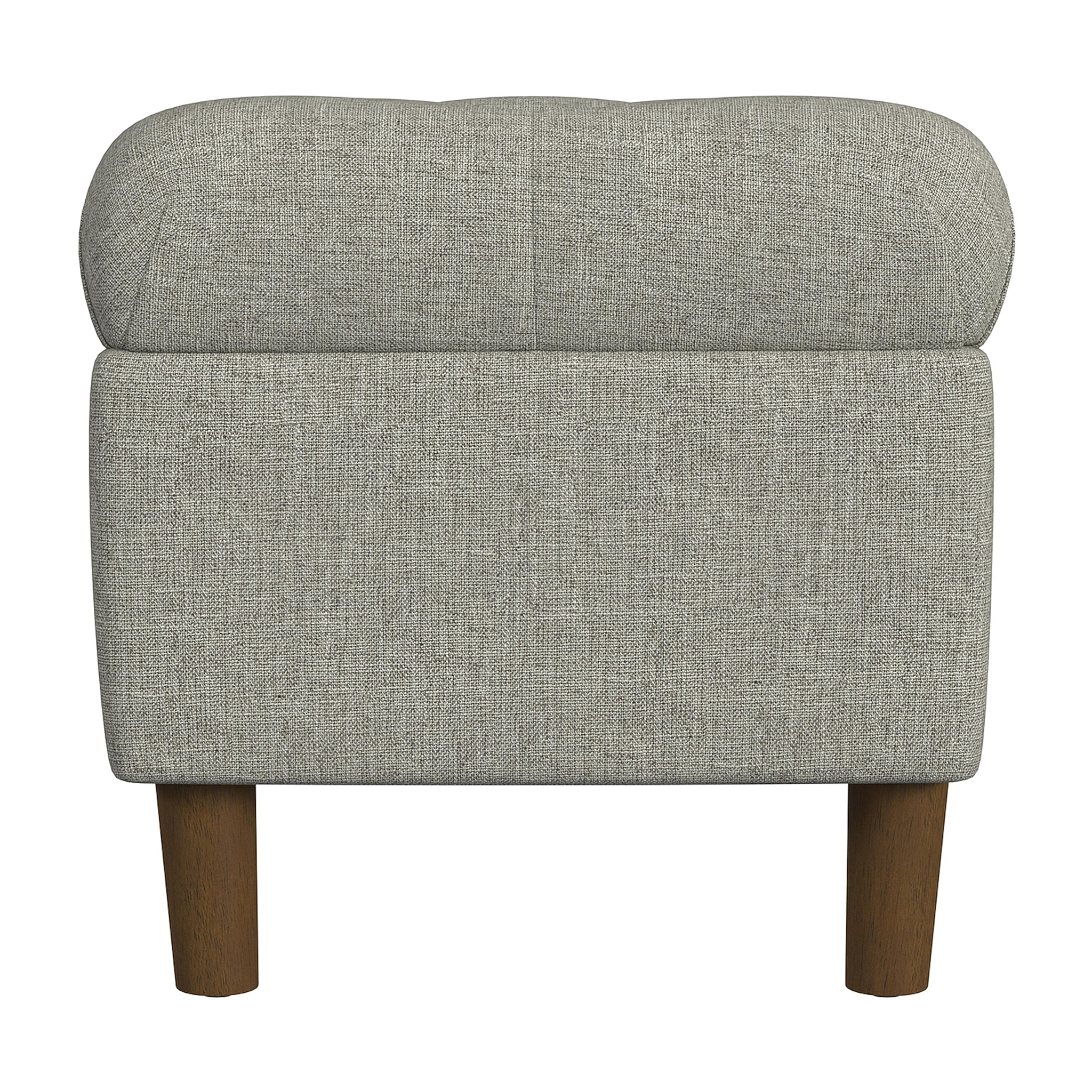 Grey upholstered storage bench shown from the front view.