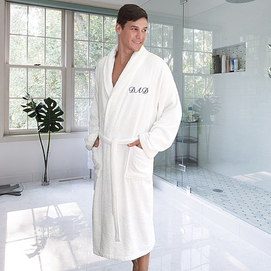 Linum Home Textiles Embroidered Dad Terry Bathrobe Unisex Adult Long Length Long Sleeve Robe
