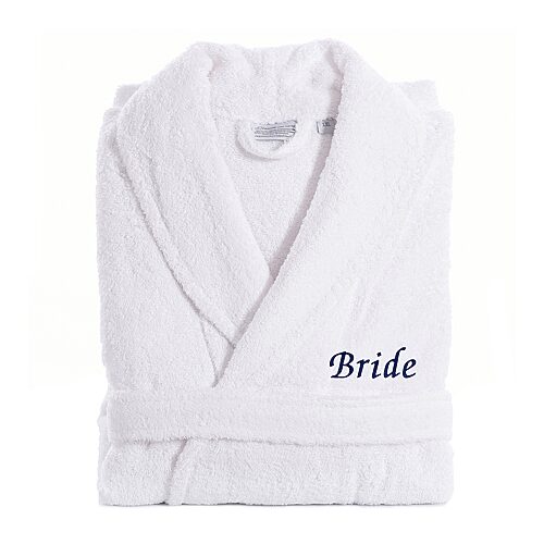 Linum Home Textiles Embroidered Bride Terry Bathrobe Unisex Adult Long Length Long Sleeve Robe, Small-medium, White
