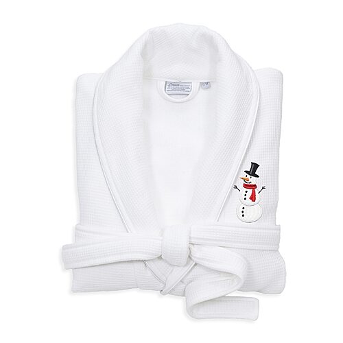 Linum Home Textiles Embroidered Snowman Waffle Terry Bathrobe Unisex Adult Long Length Long Sleeve Robe, Small-medium, White