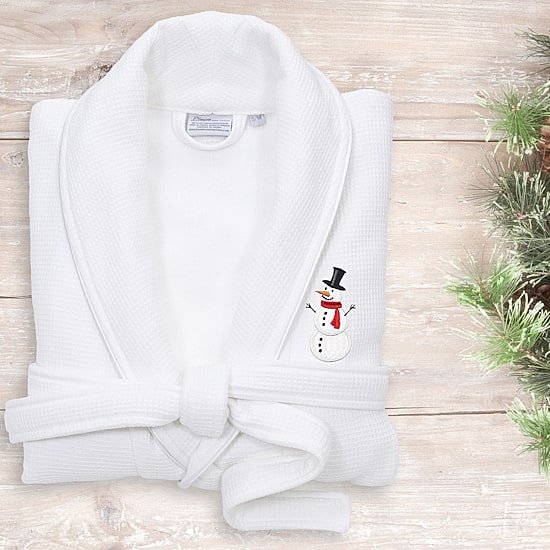 Linum Home Textiles Embroidered Snowman Waffle Terry Bathrobe Unisex Adult Long Length Long Sleeve Robe