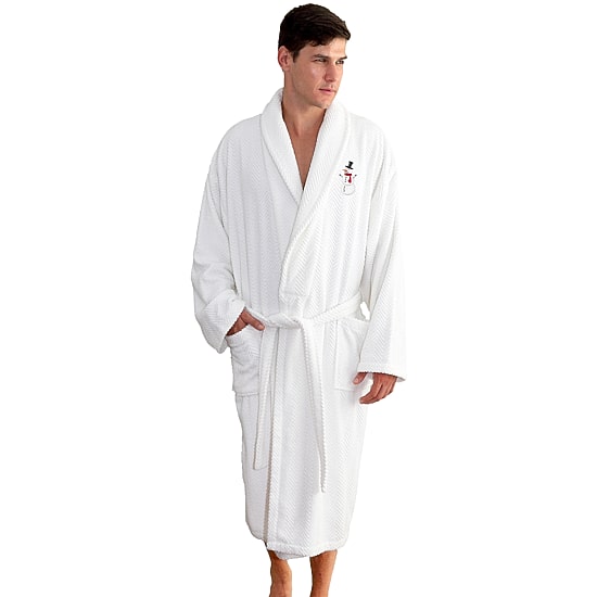 Linum Home Textiles Embroidered Snowman Herringbone Bathrobe Unisex Adult Long Length Long Sleeve Robe