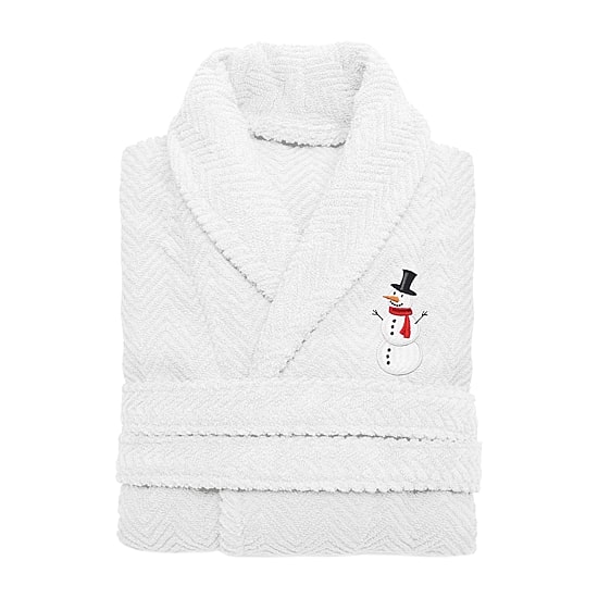Linum Home Textiles Embroidered Snowman Herringbone Bathrobe Unisex Adult Long Length Long Sleeve Robe